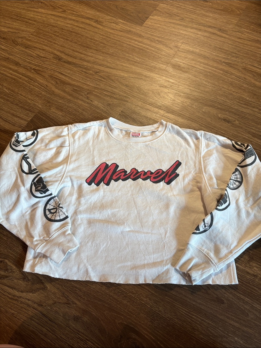 Marvel White Long Sleeve cropped Crewneck Sweatshirt Logo Medium Spider-Man Thor